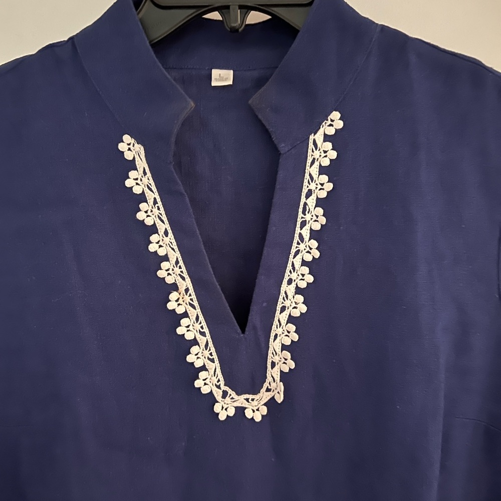 Blue linen dress with white lace neckline size large